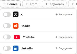 ChatterBeam source filter listing X, Reddit, YouTube and LinkedIn